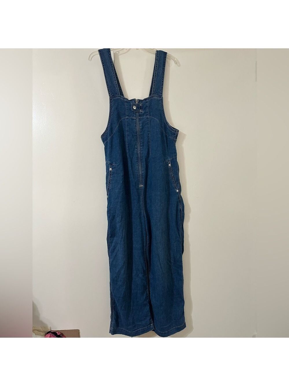 FREE PEOPLE SOFT BLUE DENIM OVERALLS ZIP FRONT SNAP CLOSURE WIDE LEG SIZE MEDIUM - Picture 5 of 14
